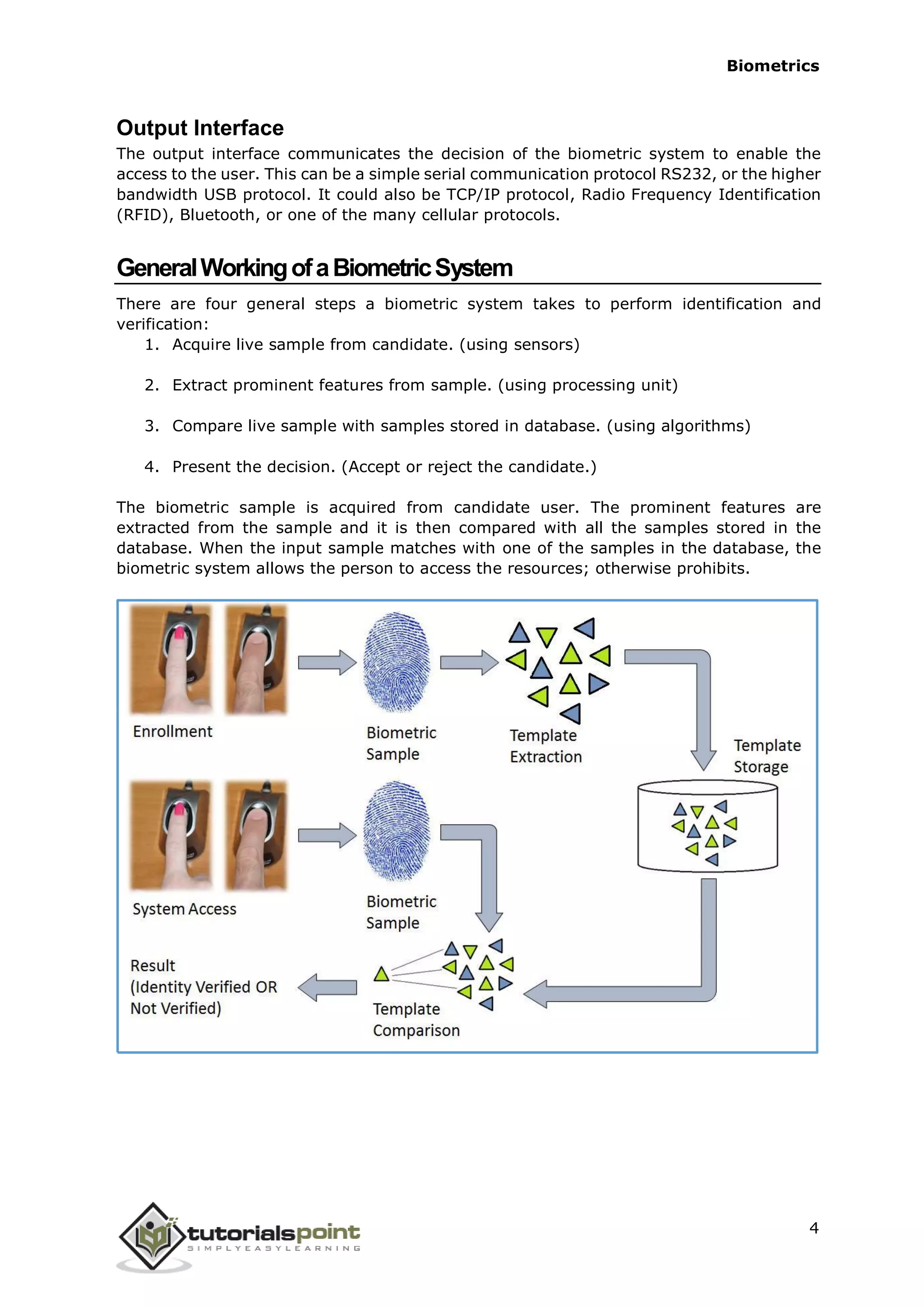 Biometrics
Output Interface
The output interface communicates the decision of the biometric system to enable the
access to the user. This can be a simple serial communication protocol RS232, or the higher
bandwidth USB protocol. It could also be TCP/IP protocol, Radio Frequency Identification
(RFID), Bluetooth, or one of the many cellular protocols.
GeneralWorkingofaBiometricSystem
There are four general steps a biometric system takes to perform identification and
verification:
1. Acquire live sample from candidate. (using sensors)
2. Extract prominent features from sample. (using processing unit)
3. Compare live sample with samples stored in database. (using algorithms)
4. Present the decision. (Accept or reject the candidate.)
The biometric sample is acquired from candidate user. The prominent features are
extracted from the sample and it is then compared with all the samples stored in the
database. When the input sample matches with one of the samples in the database, the
biometric system allows the person to access the resources; otherwise prohibits.
4
 