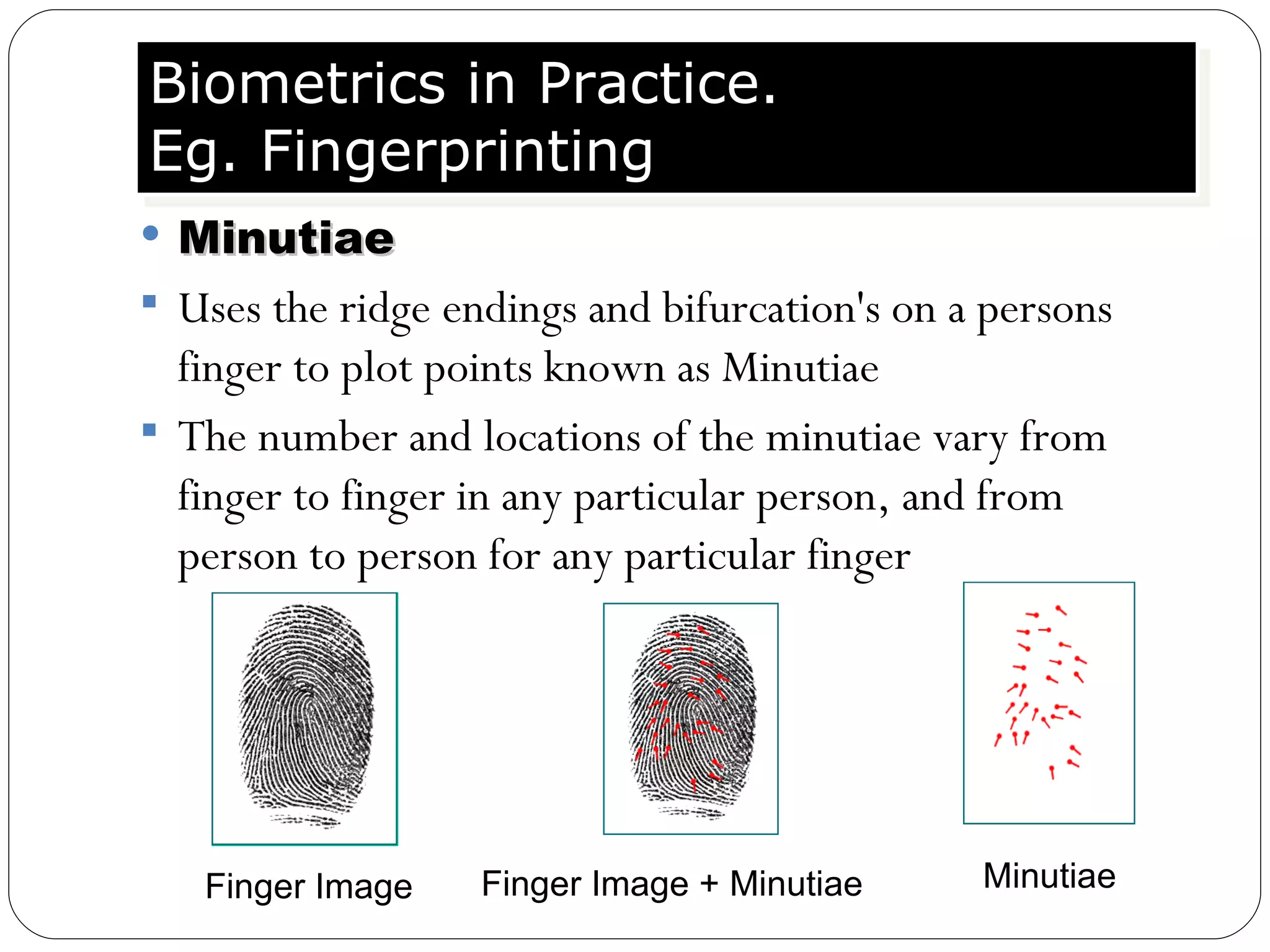 Minutiae Uses the ridge endings and bifurcation's on a persons finger to plot points known as Minutiae The number and locations of the minutiae vary from finger to finger in any particular person, and from person to person for any particular finger Biometrics in Practice. Eg. Fingerprinting Finger Image Finger Image + Minutiae Minutiae 