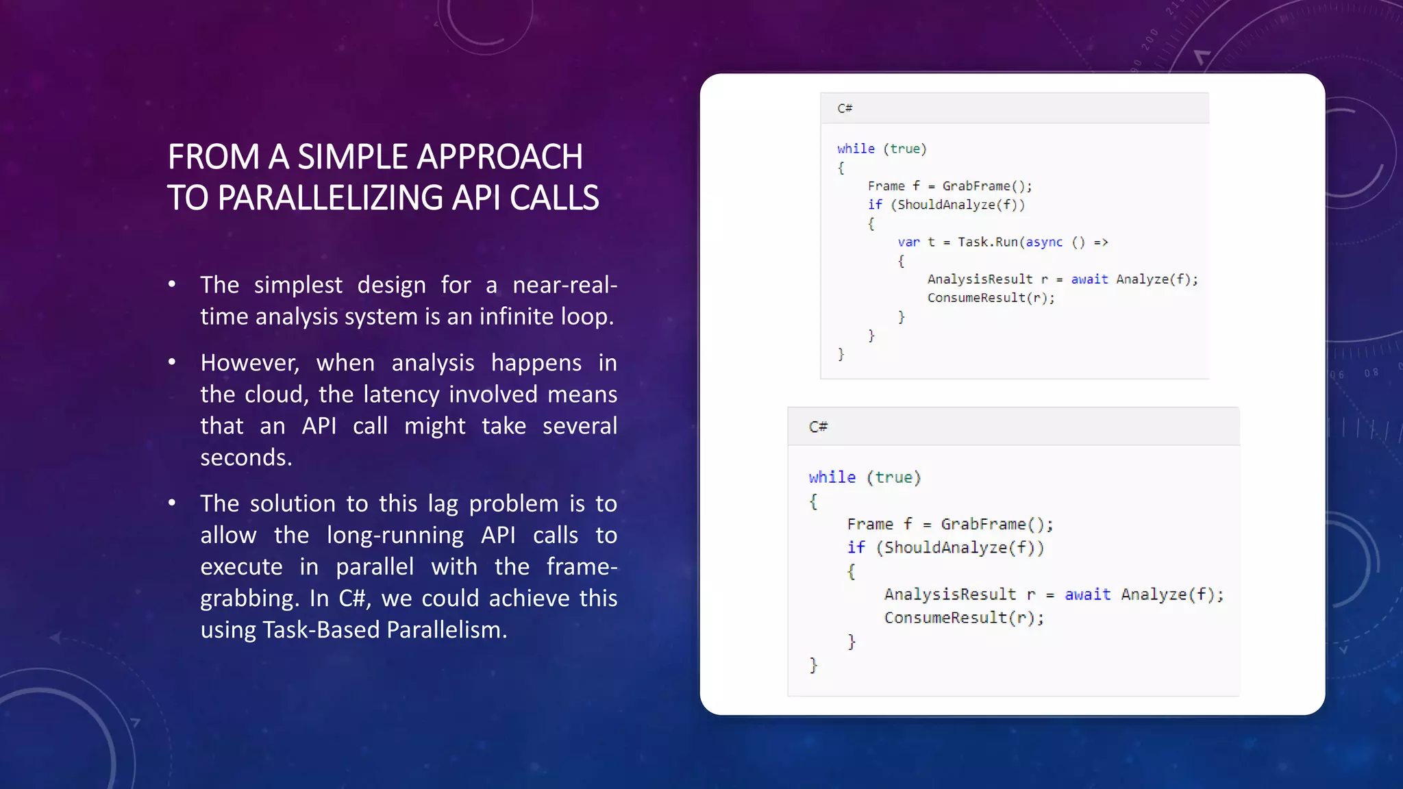FROM A SIMPLE APPROACH
TO PARALLELIZING API CALLS
• The simplest design for a near-real-
time analysis system is an infinite loop.
• However, when analysis happens in
the cloud, the latency involved means
that an API call might take several
seconds.
• The solution to this lag problem is to
allow the long-running API calls to
execute in parallel with the frame-
grabbing. In C#, we could achieve this
using Task-Based Parallelism.
 