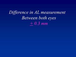 Difference in AL measurement
Between both eyes
+ 0.3 mm
 