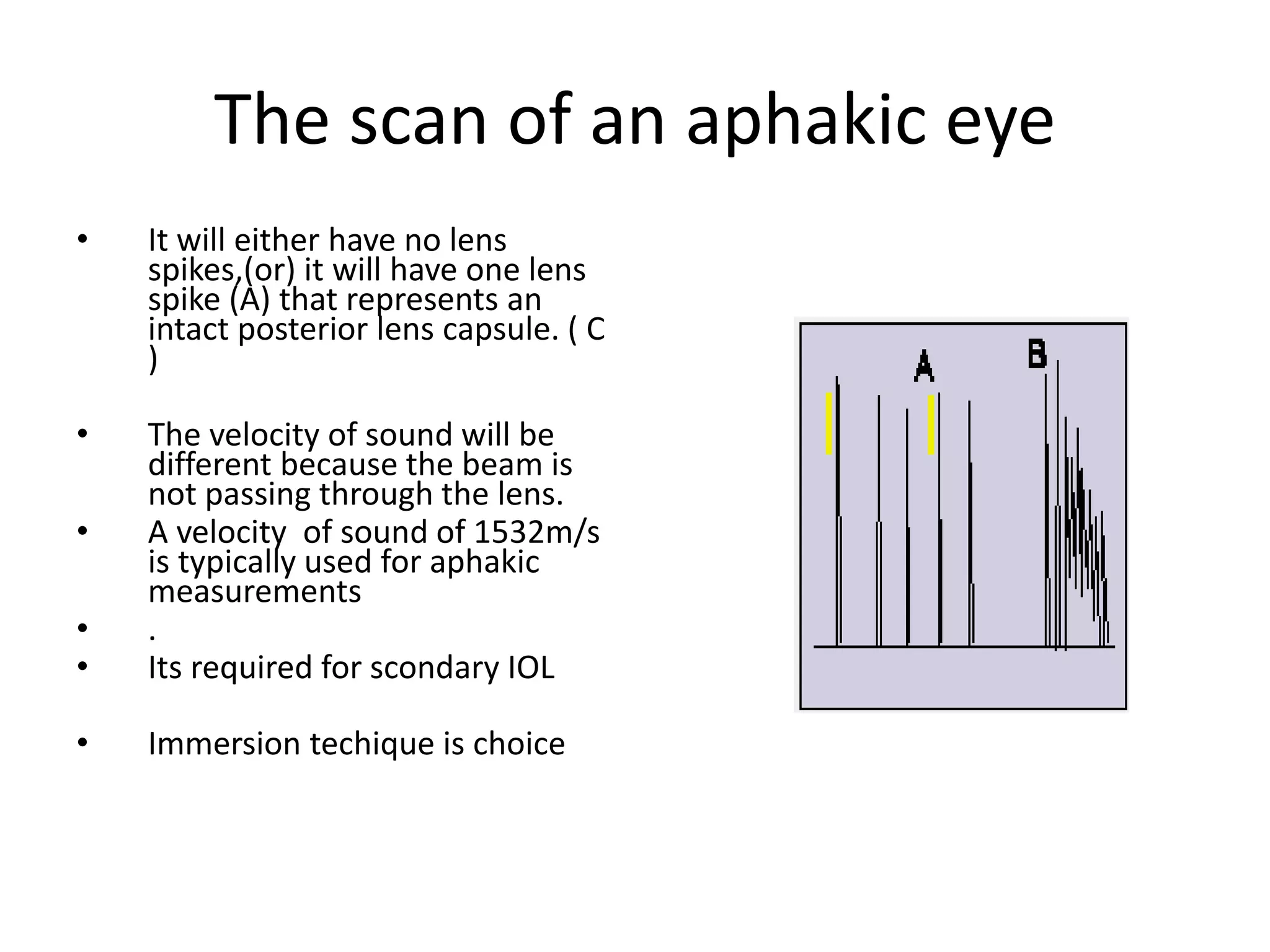 The scan of an aphakic eye
• It will either have no lens
spikes,(or) it will have one lens
spike (A) that represents an
intact posterior lens capsule. ( C
)
• The velocity of sound will be
different because the beam is
not passing through the lens.
• A velocity of sound of 1532m/s
is typically used for aphakic
measurements
• .
• Its required for scondary IOL
• Immersion techique is choice
 