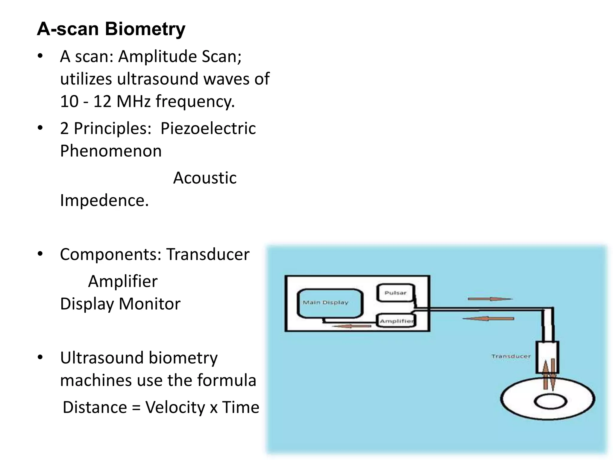 A-scan Biometry
• A scan: Amplitude Scan;
utilizes ultrasound waves of
10 - 12 MHz frequency.
• 2 Principles: Piezoelectric
Phenomenon
Acoustic
Impedence.
• Components: Transducer
Amplifier
Display Monitor
• Ultrasound biometry
machines use the formula
Distance = Velocity x Time
 