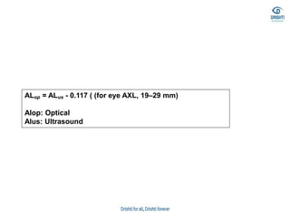 ALop = ALus - 0.117 ( (for eye AXL, 19–29 mm)
Alop: Optical
Alus: Ultrasound
 