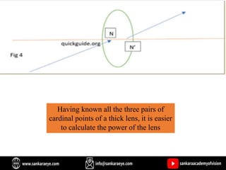 Having known all the three pairs of
cardinal points of a thick lens, it is easier
to calculate the power of the lens
 