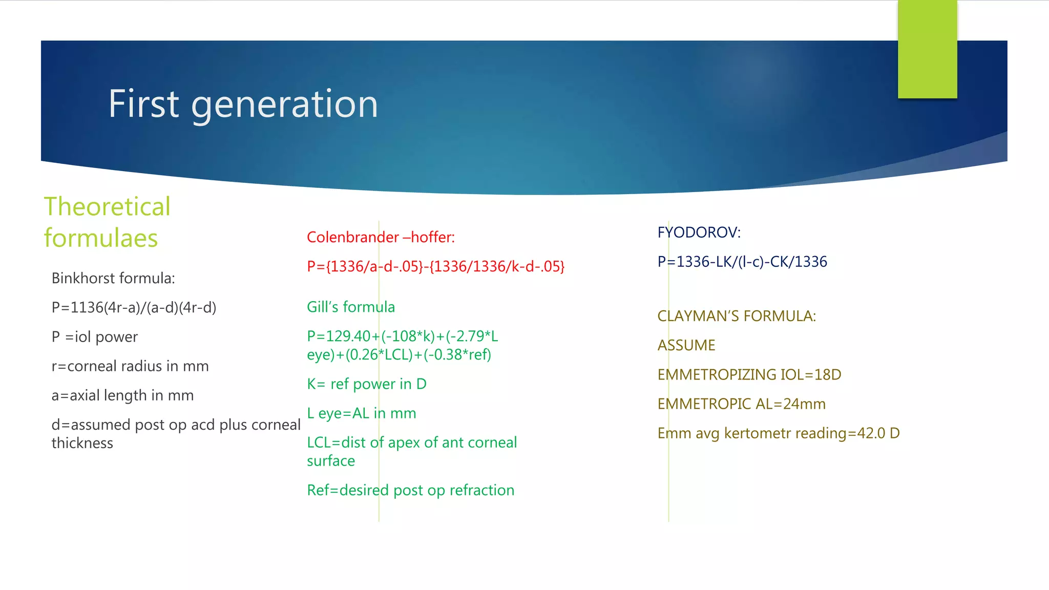 First generation
Theoretical
formulaes
Binkhorst formula:
P=1136(4r-a)/(a-d)(4r-d)
P =iol power
r=corneal radius in mm
a=axial length in mm
d=assumed post op acd plus corneal
thickness
Colenbrander –hoffer:
P={1336/a-d-.05}-{1336/1336/k-d-.05}
Gill’s formula
P=129.40+(-108*k)+(-2.79*L
eye)+(0.26*LCL)+(-0.38*ref)
K= ref power in D
L eye=AL in mm
LCL=dist of apex of ant corneal
surface
Ref=desired post op refraction
FYODOROV:
P=1336-LK/(l-c)-CK/1336
CLAYMAN’S FORMULA:
ASSUME
EMMETROPIZING IOL=18D
EMMETROPIC AL=24mm
Emm avg kertometr reading=42.0 D
 