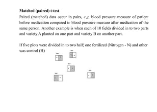 Matched (paired) t-test
Paired (matched) data occur in pairs, e.g. blood pressure measure of patient
before medication compared to blood pressure measure after medication of the
same person. Another example is when each of 10 fields divided in to two parts
and variety A planted on one part and variety B on another part.
If five plots were divided in to two half; one fertilized (Nitrogen - N) and other
was control (H)
 