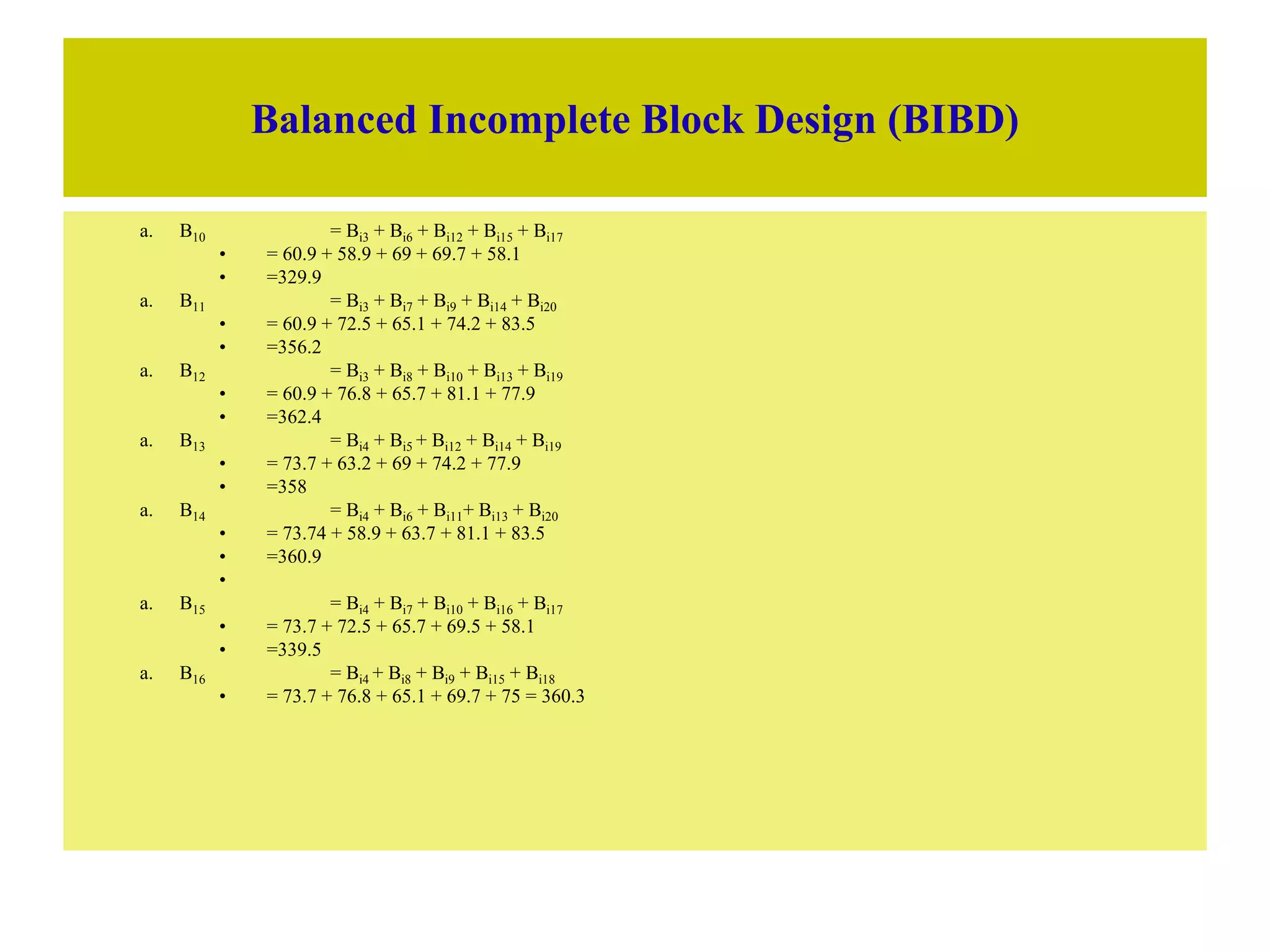 Balanced Incomplete Block Design (BIBD)
a. B10 = Bi3 + Bi6 + Bi12 + Bi15 + Bi17
• = 60.9 + 58.9 + 69 + 69.7 + 58.1
• =329.9
a. B11 = Bi3 + Bi7 + Bi9 + Bi14 + Bi20
• = 60.9 + 72.5 + 65.1 + 74.2 + 83.5
• =356.2
a. B12 = Bi3 + Bi8 + Bi10 + Bi13 + Bi19
• = 60.9 + 76.8 + 65.7 + 81.1 + 77.9
• =362.4
a. B13 = Bi4 + Bi5 + Bi12 + Bi14 + Bi19
• = 73.7 + 63.2 + 69 + 74.2 + 77.9
• =358
a. B14 = Bi4 + Bi6 + Bi11+ Bi13 + Bi20
• = 73.74 + 58.9 + 63.7 + 81.1 + 83.5
• =360.9
•
a. B15 = Bi4 + Bi7 + Bi10 + Bi16 + Bi17
• = 73.7 + 72.5 + 65.7 + 69.5 + 58.1
• =339.5
a. B16 = Bi4 + Bi8 + Bi9 + Bi15 + Bi18
• = 73.7 + 76.8 + 65.1 + 69.7 + 75 = 360.3
 