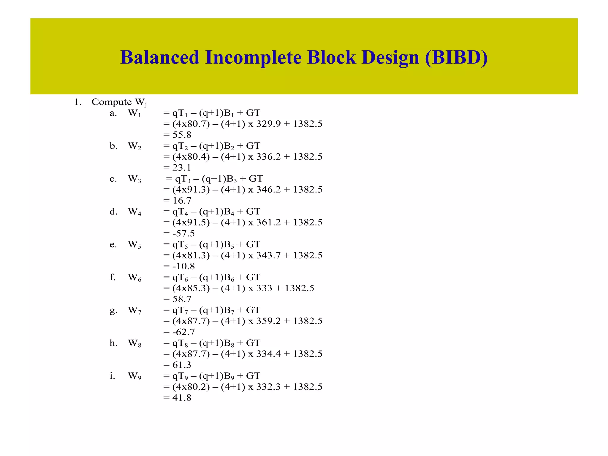 Balanced Incomplete Block Design (BIBD)
1. Compute Wj
a. W1 = qT1 – (q+1)B1 + GT
= (4x80.7) – (4+1) x 329.9 + 1382.5
= 55.8
b. W2 = qT2 – (q+1)B2 + GT
= (4x80.4) – (4+1) x 336.2 + 1382.5
= 23.1
c. W3 = qT3 – (q+1)B3 + GT
= (4x91.3) – (4+1) x 346.2 + 1382.5
= 16.7
d. W4 = qT4 – (q+1)B4 + GT
= (4x91.5) – (4+1) x 361.2 + 1382.5
= -57.5
e. W5 = qT5 – (q+1)B5 + GT
= (4x81.3) – (4+1) x 343.7 + 1382.5
= -10.8
f. W6 = qT6 – (q+1)B6 + GT
= (4x85.3) – (4+1) x 333 + 1382.5
= 58.7
g. W7 = qT7 – (q+1)B7 + GT
= (4x87.7) – (4+1) x 359.2 + 1382.5
= -62.7
h. W8 = qT8 – (q+1)B8 + GT
= (4x87.7) – (4+1) x 334.4 + 1382.5
= 61.3
i. W9 = qT9 – (q+1)B9 + GT
= (4x80.2) – (4+1) x 332.3 + 1382.5
= 41.8
 