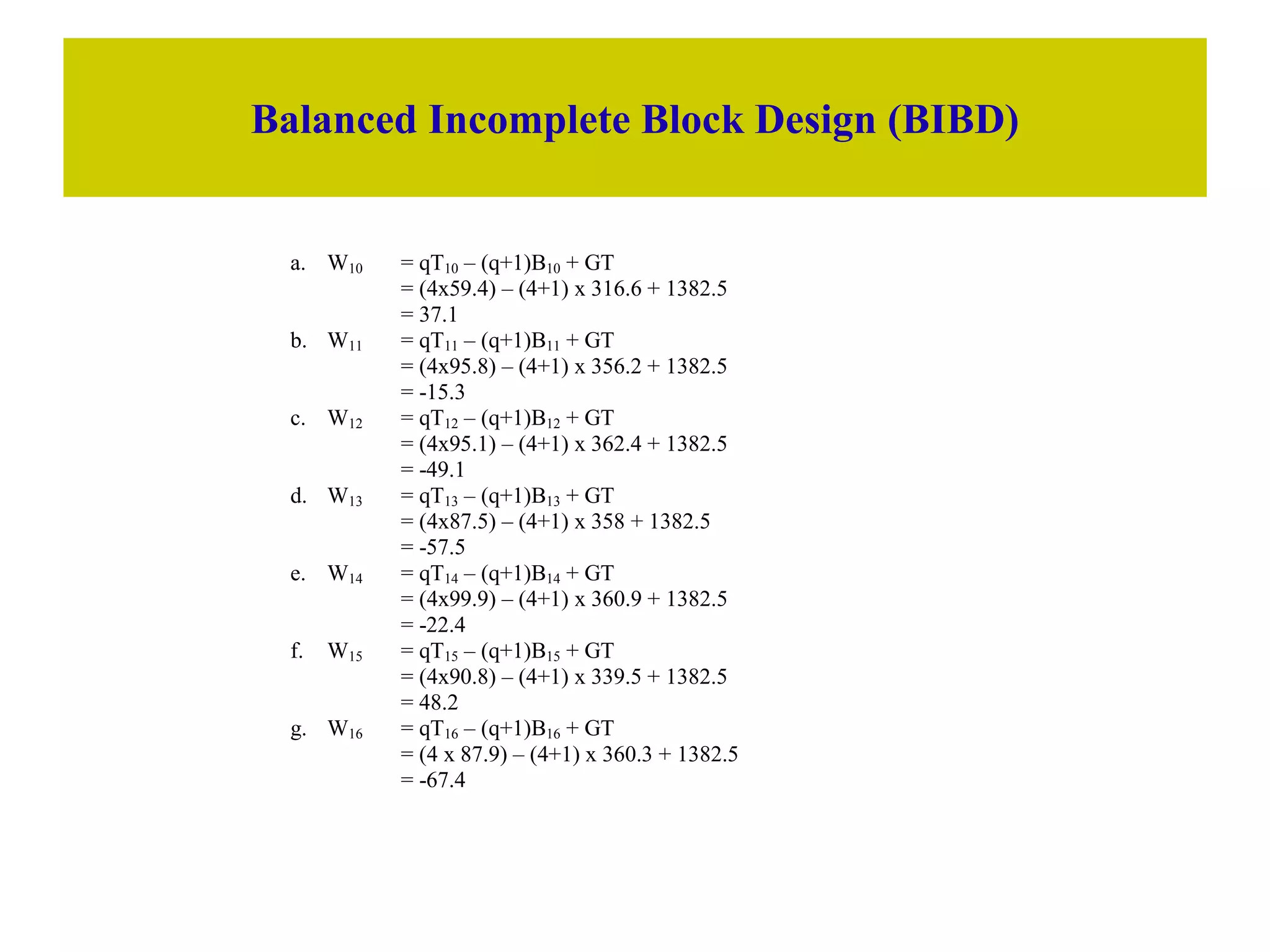 Balanced Incomplete Block Design (BIBD)
a. W10 = qT10 – (q+1)B10 + GT
= (4x59.4) – (4+1) x 316.6 + 1382.5
= 37.1
b. W11 = qT11 – (q+1)B11 + GT
= (4x95.8) – (4+1) x 356.2 + 1382.5
= -15.3
c. W12 = qT12 – (q+1)B12 + GT
= (4x95.1) – (4+1) x 362.4 + 1382.5
= -49.1
d. W13 = qT13 – (q+1)B13 + GT
= (4x87.5) – (4+1) x 358 + 1382.5
= -57.5
e. W14 = qT14 – (q+1)B14 + GT
= (4x99.9) – (4+1) x 360.9 + 1382.5
= -22.4
f. W15 = qT15 – (q+1)B15 + GT
= (4x90.8) – (4+1) x 339.5 + 1382.5
= 48.2
g. W16 = qT16 – (q+1)B16 + GT
= (4 x 87.9) – (4+1) x 360.3 + 1382.5
= -67.4
 