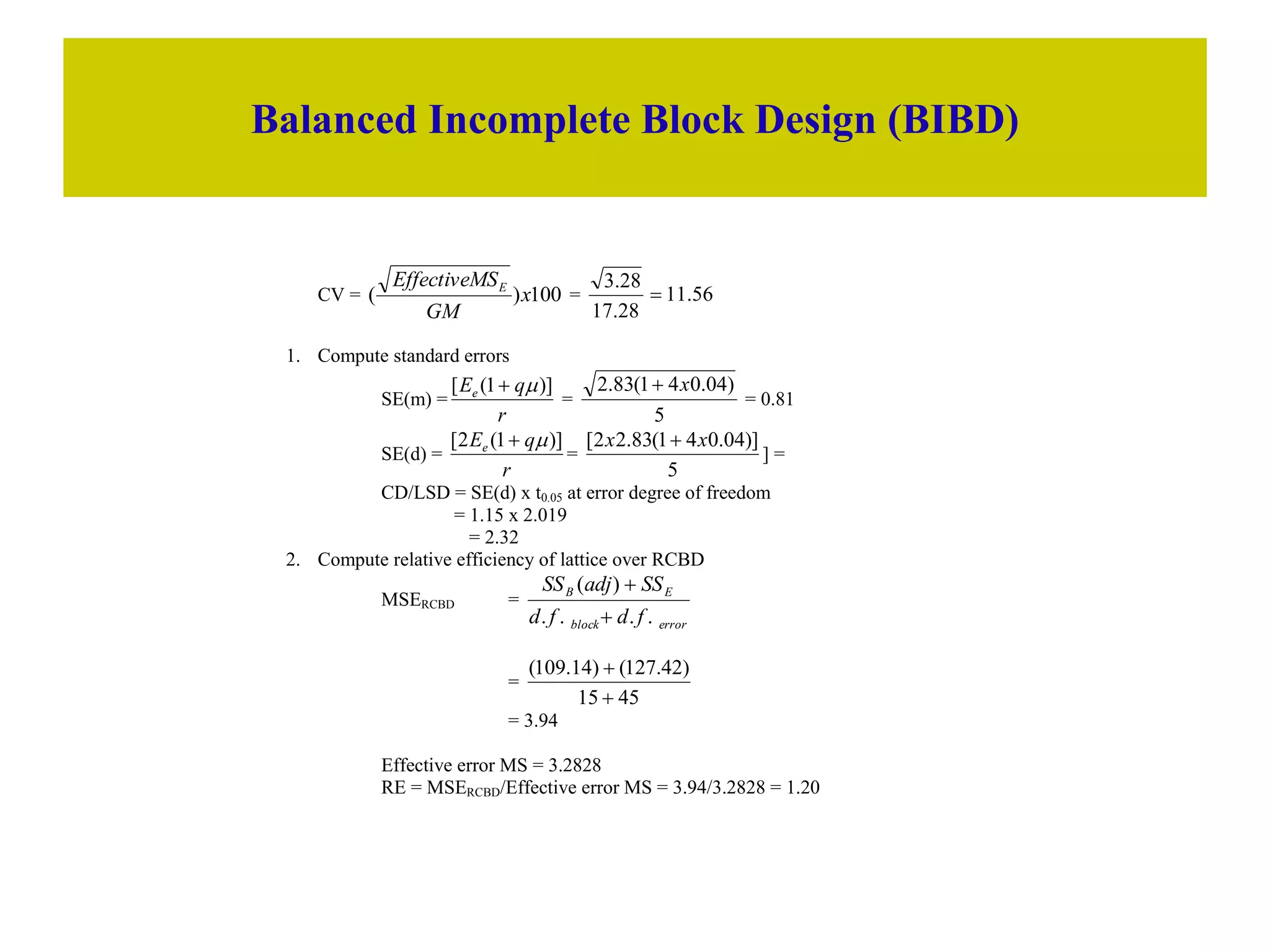 Balanced Incomplete Block Design (BIBD)
CV = 100
)
( x
GM
MS
Effective E
= 56
.
11
28
.
17
28
.
3

1. Compute standard errors
SE(m) =
r
q
Ee )]
1
(
[ 

=
5
)
04
.
0
4
1
(
83
.
2 x

= 0.81
SE(d) =
r
q
Ee )]
1
(
2
[ 

=
5
)]
04
.
0
4
1
(
83
.
2
2
[ x
x 
] =
CD/LSD = SE(d) x t0.05 at error degree of freedom
= 1.15 x 2.019
= 2.32
2. Compute relative efficiency of lattice over RCBD
MSERCBD =
error
block
E
B
f
d
f
d
SS
adj
SS
.
.
.
.
)
(


=
45
15
)
42
.
127
(
)
14
.
109
(


= 3.94
Effective error MS = 3.2828
RE = MSERCBD/Effective error MS = 3.94/3.2828 = 1.20
 