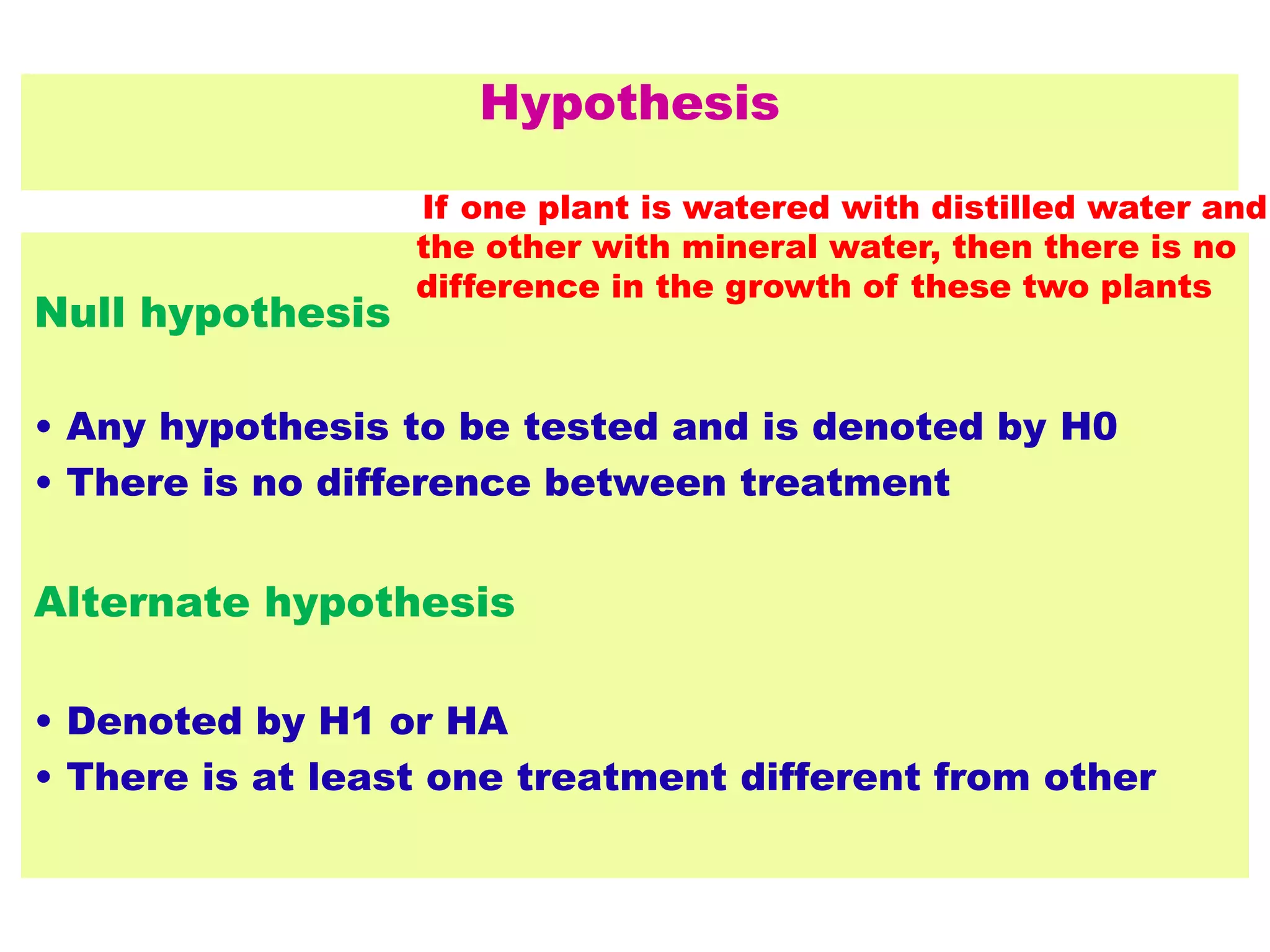 Hypothesis
Null hypothesis
• Any hypothesis to be tested and is denoted by H0
• There is no difference between treatment
Alternate hypothesis
• Denoted by H1 or HA
• There is at least one treatment different from other
If one plant is watered with distilled water and
the other with mineral water, then there is no
difference in the growth of these two plants
 