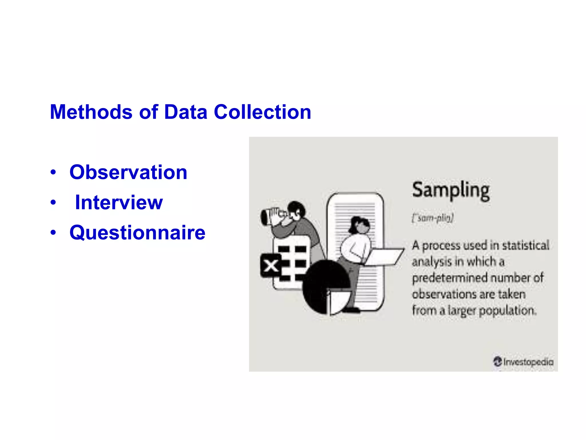 Methods of Data Collection
• Observation
• Interview
• Questionnaire
 