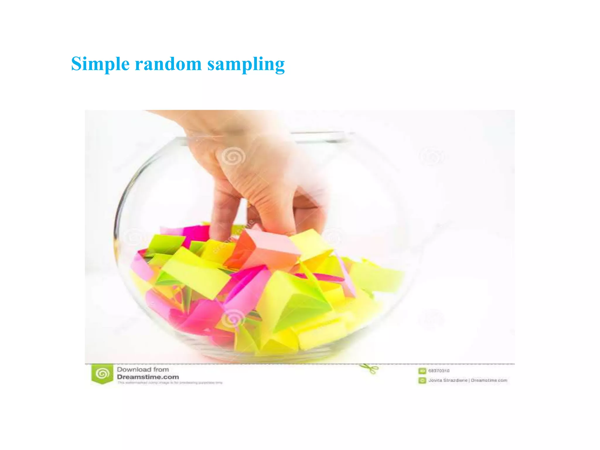 Simple random sampling
• Applicable when population is small, homogeneous
& readily available
• This is done by assigning a number to each unit in
the sampling frame.
• A table of random number or lottery system is used
to determine which units are to be selected.
 