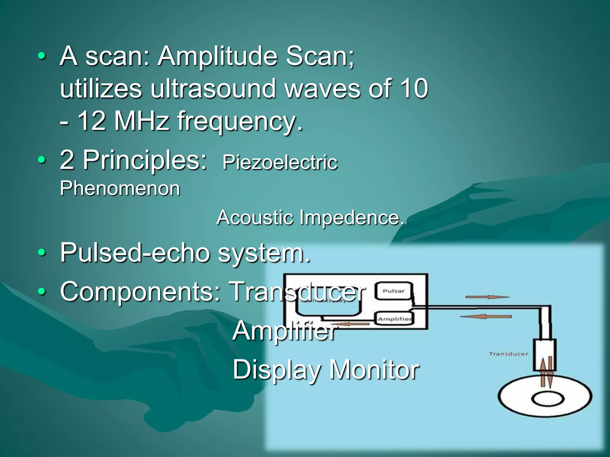 • A scan: Amplitude Scan; 
utilizes ultrasound waves of 10 
- 12 MHz frequency. 
• 2 Principles: Piezoelectric 
Phenomenon 
Acoustic Impedence. 
• Pulsed-echo system. 
• Components: Transducer 
Amplifier 
Display Monitor 
 