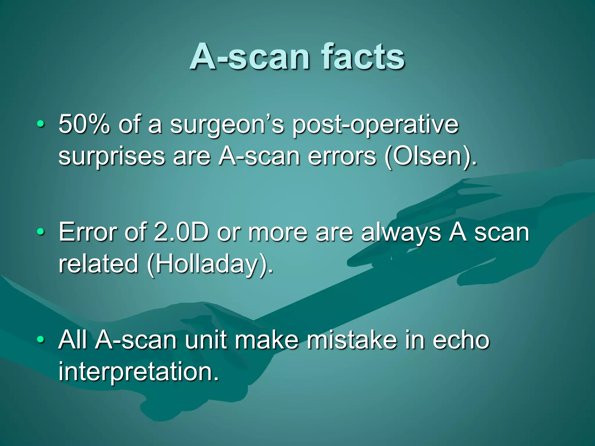 A-scan facts 
• 50% of a surgeon’s post-operative 
surprises are A-scan errors (Olsen). 
• Error of 2.0D or more are always A scan 
related (Holladay). 
• All A-scan unit make mistake in echo 
interpretation. 
 