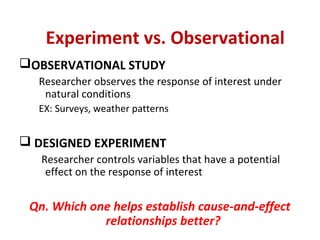Experiment vs. Observational
OBSERVATIONAL STUDY
Researcher observes the response of interest under
natural conditions
EX: Surveys, weather patterns
 DESIGNED EXPERIMENT
Researcher controls variables that have a potential
effect on the response of interest
Qn. Which one helps establish cause-and-effect
relationships better?
 