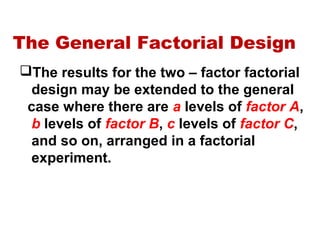 The General Factorial Design
The results for the two – factor factorial
design may be extended to the general
case where there are a levels of factor A,
b levels of factor B, c levels of factor C,
and so on, arranged in a factorial
experiment.
 