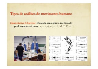Tipos de análises do movimento humano
Quantitativa (objetiva) - Baseada em alguma medida de
performance tal como x, v, a, φ, ω, α, F, M, T, P, etc...
 