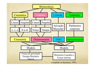 Biomecânica
Cinemática Cinética Anatomia
Linear Linear Angular
x, v, a θ α ϖ Força Torque
Angular
Cinemetria Dinamometria
Controle
Ativação
Muscular
EMG
Parâmetros
corporais
Antropometria
Modelo Modelo
Forças de gravitação
Energia Mecânica
Inércia
Momentos Liquidos e
Forças internas
(Adaptado de Baumann, 1995)
 