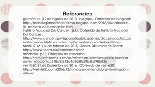 guzmán, p. (12 de agosto de 2013). blogspot. Obtenido de blogspot:
http://tecnologiamedicaoftalmo.blogspot.com/2018/05/catedra-n-
01-tecnicas-de-iluminacion.html
Instituto Nacional Del Cancer . (s.f.). Obtenido de Instituto Nacional
Del Cancer :
https://www.cancer.gov/espanol/publicaciones/diccionarios/diccio
nario-cancer/def/biomicroscopia-con-lampara-de-hendidura
Marín, R. M. (16 de febrero de 2018). Saera. Obtenido de Saera:
https://www.saera.eu/biomicroscopia/
mindomo. (s.f.). Obtenido de mindomo:
https://www.mindomo.com/es/mindmap/biomicroscopia-tecnicas-
de-iluminacion-cc618d25243d4d8fb8fc0fb6bd98b83b
veinte20. (1 de Diciembre de 2016). Obtenido de veinte20:
https://veinte20.com/2016/12/lampara-de-hendidura-i-iluminacion-
difusa/
 