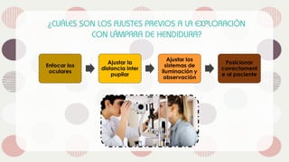 Enfocar los
oculares
Ajustar la
distancia Inter
pupilar
Ajustar los
sistemas de
iluminación y
observación
Posicionar
correctament
e al paciente
 