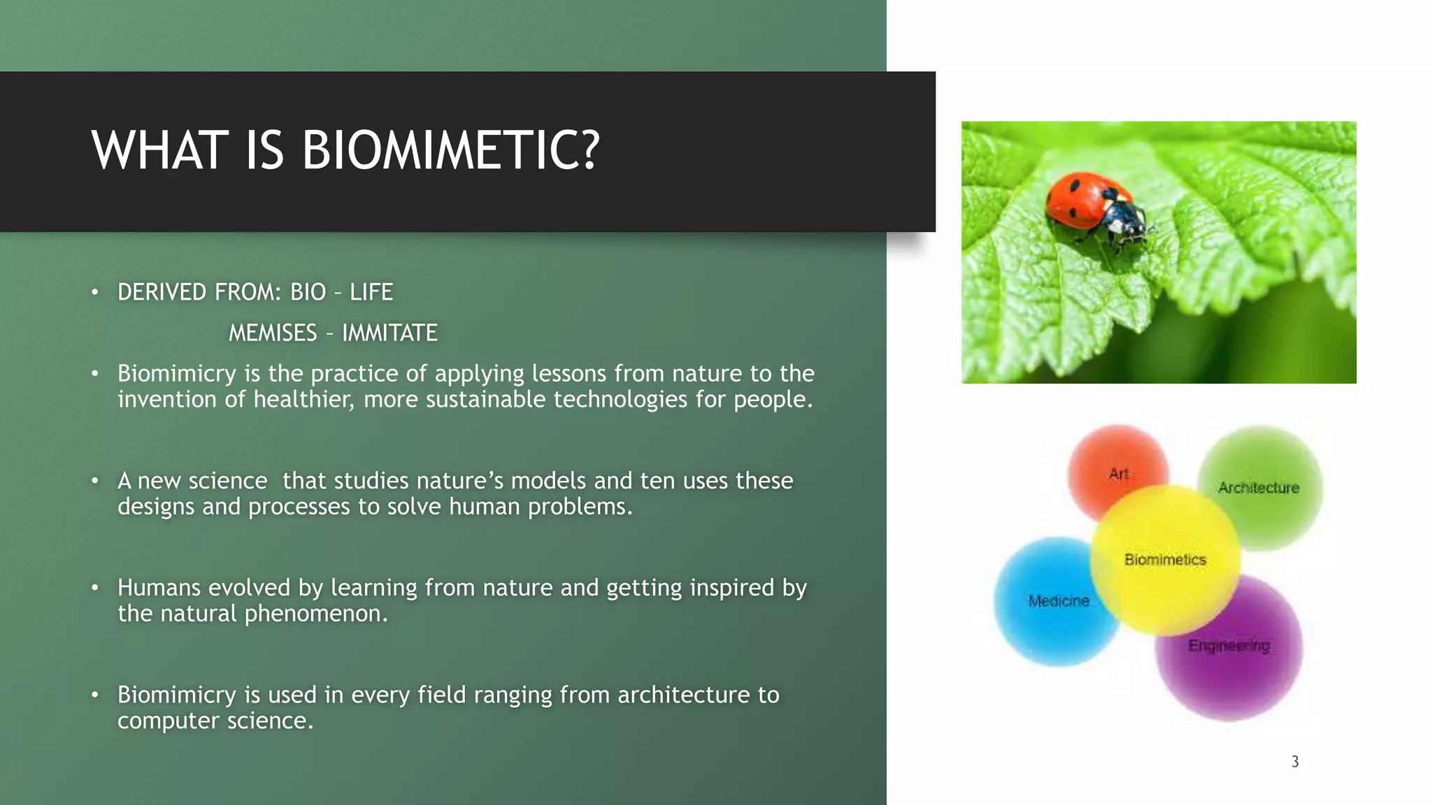 WHAT IS BIOMIMETIC?
• DERIVED FROM: BIO – LIFE
MEMISES – IMMITATE
• Biomimicry is the practice of applying lessons from nature to the
invention of healthier, more sustainable technologies for people.
• A new science that studies nature’s models and ten uses these
designs and processes to solve human problems.
• Humans evolved by learning from nature and getting inspired by
the natural phenomenon.
• Biomimicry is used in every field ranging from architecture to
computer science.
3
 