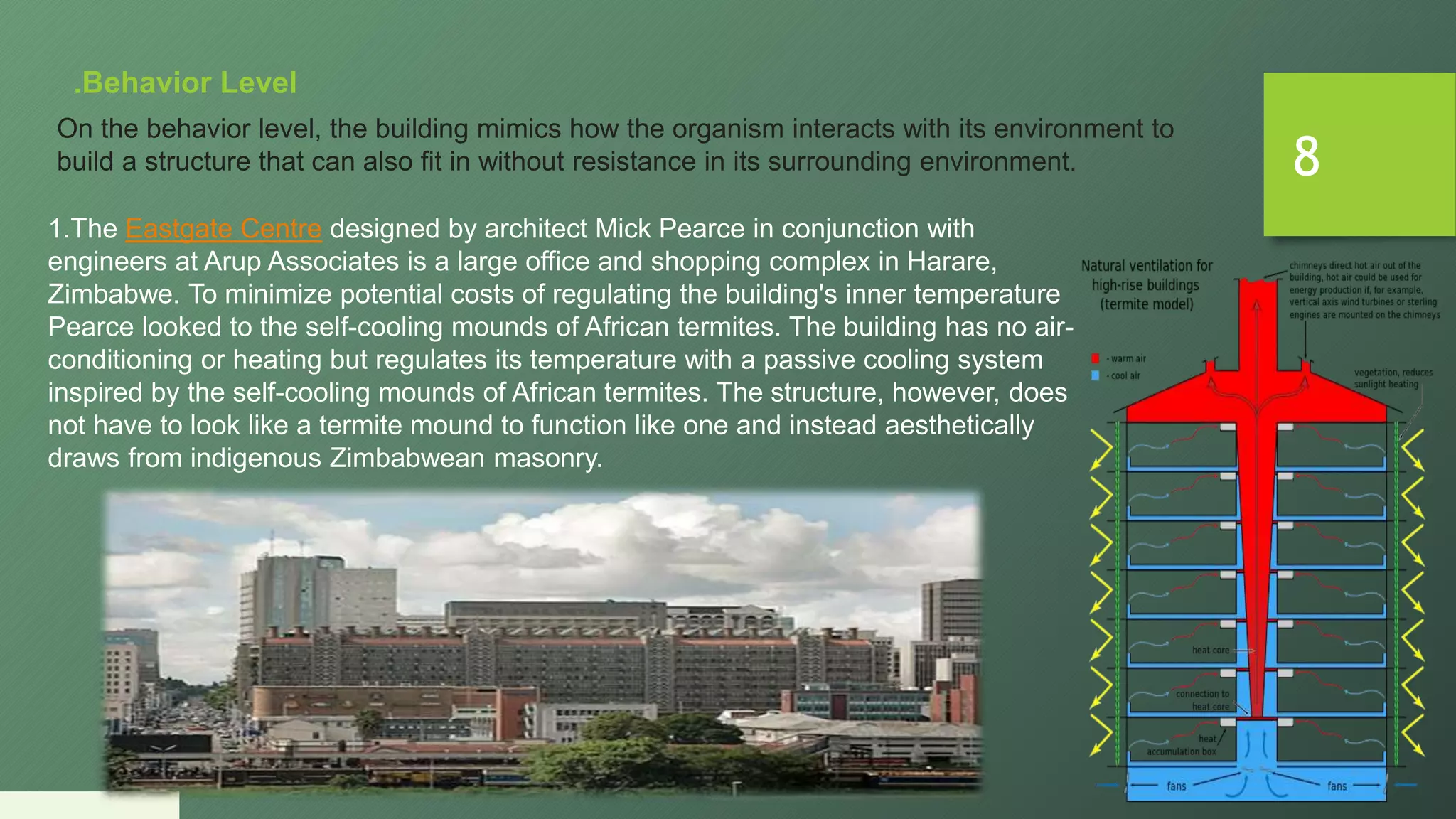 8
.Behavior Level
On the behavior level, the building mimics how the organism interacts with its environment to
build a structure that can also fit in without resistance in its surrounding environment.
1.The Eastgate Centre designed by architect Mick Pearce in conjunction with
engineers at Arup Associates is a large office and shopping complex in Harare,
Zimbabwe. To minimize potential costs of regulating the building's inner temperature
Pearce looked to the self-cooling mounds of African termites. The building has no air-
conditioning or heating but regulates its temperature with a passive cooling system
inspired by the self-cooling mounds of African termites. The structure, however, does
not have to look like a termite mound to function like one and instead aesthetically
draws from indigenous Zimbabwean masonry.
 