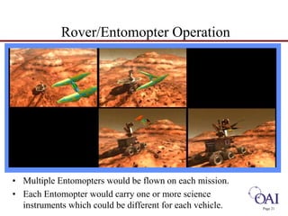 Page 21 
Rover/Entomopter Operation 
• Multiple Entomopters would be flown on each mission. 
• Each Entomopter would carry one or more science 
instruments which could be different for each vehicle. 
 