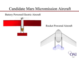 Page 5 
Candidate Mars Micromission Aircraft 
Battery Powered Electric Aircraft 
Rocket Powered Aircraft 
 