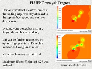 Pressure α = 46, Re = 5100 
FLUENT Analysis Progress 
Demonstrated that a vortex formed at 
the leading edge will stay attached to 
the top surface, grow, and convect 
downstream 
Leading edge vortex has a strong 
Reynolds number dependency 
Lift can be further augmented by 
optimizing operational Reynolds 
number and wing kinematics 
No active blowing was utilized 
Maximum lift coefficient of 4.27 was 
realized 
 
