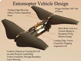Entomopter Vehicle Design 
Main Body Acts as a 
Torsion Spring to 
Recapture Wing 
Motion Energy 
Wings Oscillate 180° Out 
of Phase 
Leading Edge Vortex 
Created by Flapping 
Augments Lift 
Trailing Edge Blowing 
Effects Vortex Separation 
Point 
Control is Based on Varying the Lift 
on each Wing by Controlling 
Vortex Formation Through Boundary 
Layer Blowing 
 