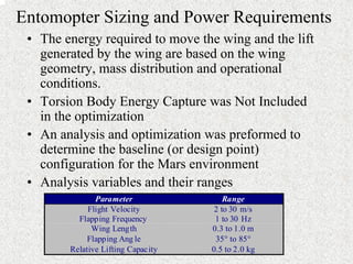 Entomopter Sizing and Power Requirements 
• The energy required to move the wing and the lift 
generated by the wing are based on the wing 
geometry, mass distribution and operational 
conditions. 
• Torsion Body Energy Capture was Not Included 
in the optimization 
• An analysis and optimization was preformed to 
determine the baseline (or design point) 
configuration for the Mars environment 
• Analysis variables and their ranges 
Parameter Range 
Flight Velocity 
Flapping Frequency 
2 to 30 m/s 
1 to 30 Hz 
Wing Length 0.3 to 1.0 m 
Flapping Ang le 35° to 85° 
Relative Lifting Capacity 0.5 to 2.0 kg 
 