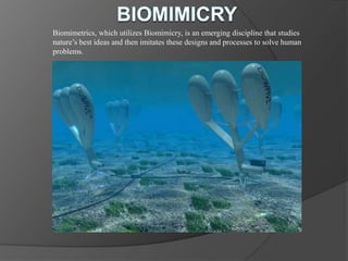 Biomimetrics, which utilizes Biomimicry, is an emerging discipline that studies
nature’s best ideas and then imitates these designs and processes to solve human
problems.

 