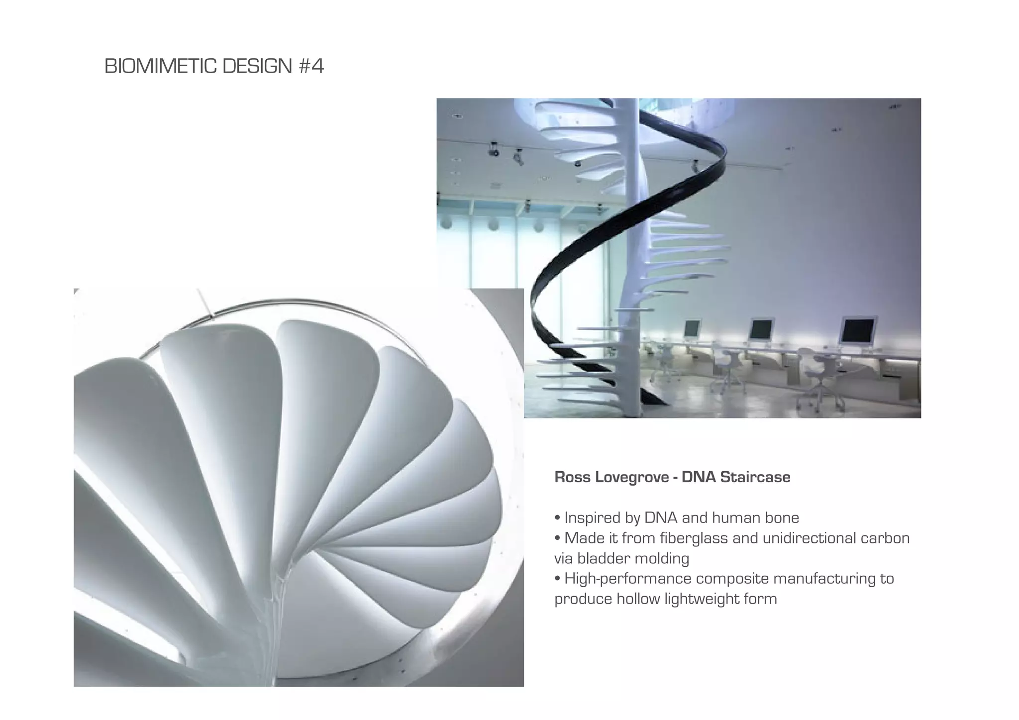 BIOMIMETIC DESIGN #4




                       Ross Lovegrove - DNA Staircase

                       • Inspired by DNA and human bone
                       • Made it from fiberglass and unidirectional carbon
                       via bladder molding
                       • High-performance composite manufacturing to
                       produce hollow lightweight form
 