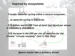 Inspired by ecosystems Ignore waste like a primary forest -  Transfer material cycling within a mature ecosystem… - …  to material cycling in industries -  $15 million and 20 000 Tons of fossil fuel saved per annum in Kalundborg (Danemark) - 25%  increase in the GDP per ton of resources for the Chinese “circular economy” (last  5-Year Plan) 