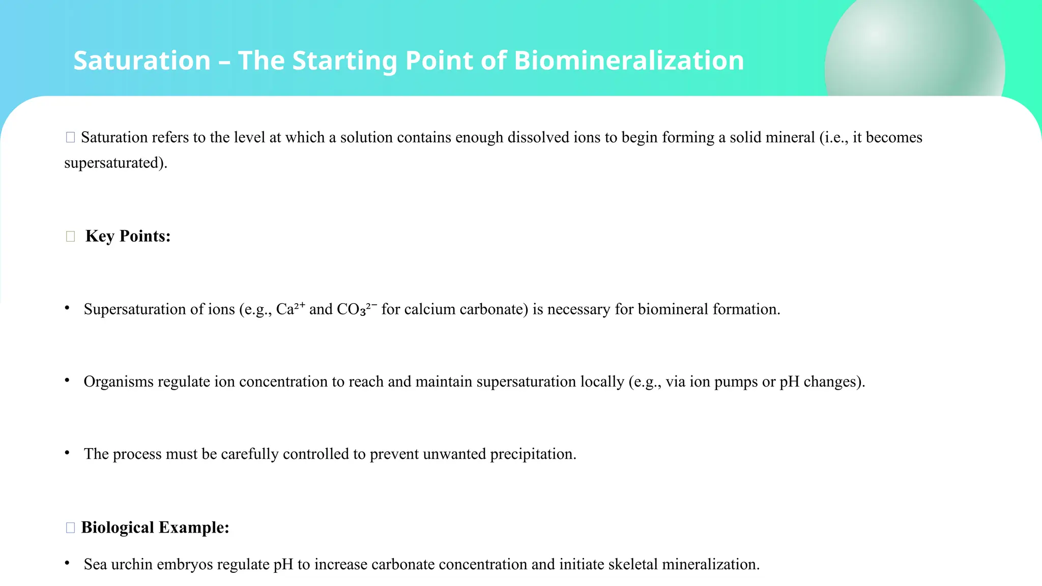 Saturation – The Starting Point of Biomineralization
🔹 Saturation refers to the level at which a solution contains enough dissolved ions to begin forming a solid mineral (i.e., it becomes
supersaturated).
🧪 Key Points:
• Supersaturation of ions (e.g., Ca² and CO ² for calcium carbonate) is necessary for biomineral formation.
⁺ ₃ ⁻
• Organisms regulate ion concentration to reach and maintain supersaturation locally (e.g., via ion pumps or pH changes).
• The process must be carefully controlled to prevent unwanted precipitation.
📌 Biological Example:
• Sea urchin embryos regulate pH to increase carbonate concentration and initiate skeletal mineralization.
 