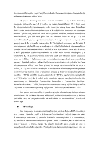 thiooxidans o Thiobacillus caldos (termófilos moderados) han expuesto una más eficaz disolución
de la calcopirita que en cultivos solos.
El proceso de sinergismo atenúa sincronía metabólica a las bacterias termófilas
moderadas Sulfobacillus spp. y A. ferroxidans que oxidan el azufre (Juárez, 2004). Entre todos
los microorganismos lixiviantes presentes en los consorcios, los que tienen mayor demanda en
biolixiviación son Acidithiobacillus ferroxidans y Acidithiobacillus thiooxidans, encontrándose
también Leptobacillus ferroxidans. Estos microorganismos muestran, entre sus características
transcendentales, que son aptos para vivir en ambientes hasta de un pH 1 y son
quimiolitoautótrofos, debido a que tienen como fuente de energía componentes inorgánicos. Por
ejemplo, una de las principales características de Thiobacillus ferrooxidans, que lo hacen el
microorganismo más factible para ser empleado en la oxidación biológica de minerales de hierro
y azufre, para recobrar metales de interés económico, es su capacidad para oxidar selectivamente
al 𝐹𝑒2+
presente en los minerales refractarios de la clase de los sulfuros como la pirita y la
arsenopirita (E, 1997)La biolixiviación microbiana sucede con diferentes factores dispuestos
como son el pH bajo (1-2), los nutrientes, la presencia de metales pesados, la temperatura, la luz,
oxígeno y dióxido de carbono. La biooxidación tiene relación directa con la biolixiviación .Estos
microorganismos utilizan como fuente primaria de energía las formas reducidas de hierro y
azufre, y el 𝐶𝑂2como fuente de carbono para su síntesis celular Los microorganismos agrupados
a este proceso se clasifican según la temperatura a la que se desenvuelven de forma óptima en
mesófilos (˂ 40 °C), termófilos moderados (entre los40 y 55 °C) e hipertermófilos (entre los 55
y 85 °C(Brierley, 2000). En la biolixiviación intervienen bacterias mesófilas Acidithiobacillus
ferrooxidans, At. Thiooxidans, Leptospirillum ferrooxidans y Leptospirillum ferrifilium,
termófilas moderadas At. Caldus, Leptospirillum thermoferrooxidans y Sulfobacillus y termófilas
Sulfolobus, AcidianusMetallosphaera y Sulfisphaera, entre otras (Rohwerder et al., 2003).
Este trabajo tuvo como objetivo entender, recopilar información de distintos artículos
científicos para dar a conocer el tema de la biominería, comprendiendo su importancia desde su
aplicación ,como sus ventajas sostenibles hacia el cuidado del medio ambiente y la actividad
minera legal .
II. Metodología
Esta investigación es una exploración de literatura narrativa (Rother, 2007).En donde se
seleccionaron 18 artículos científicos de investigación en biominería en donde: i) 4 relatan sobre
la biotecnología microbiana , ii) 5 artículos detallan las técnicas aplicadas en la biotecnología ,
iii) 06 explican sobre el tema de la botinería general , dando a conocer un poco en relacion a sus
inicios y avances a lo largo del tiempo iv) 3 artículos tratan sobre casos aplicados en campo y
cuales fueron los resultados obtenidos . Para tal efecto se eligieron artículos publicados entre los
 