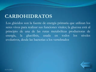 CARBOHIDRATOS
 Los glúcidos son la fuente de energía primaria que utilizan los
 seres vivos para realizar sus funciones vitales; la glucosa está al
 principio de una de las rutas metabólicas productoras de
 energía, la glucólisis, usada en todos los niveles
 evolutivos, desde las bacterias a los vertebrados




15/11/2012                                                             5
 
