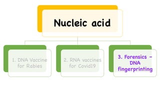 Nucleic acid
1. DNA Vaccine
for Rabies
2. RNA vaccines
for Covid19
3. Forensics –
DNA
fingerprinting
 