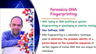 Forensics-DNA
Fingerprinting
➴DNA typing or DNA profiling or genetic
fingerprinting or genotyping or identity testing
➴Alec Jeffreys, 1985
➴DNA fingerprinting is a laboratory technique
used to determine the probable identity of a
person based on the nucleotide sequences of
certain regions of human DNA that are unique to
individuals.
 