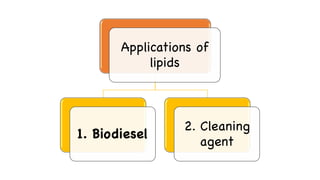 Applications of
lipids
1. Biodiesel
2. Cleaning
agent
 