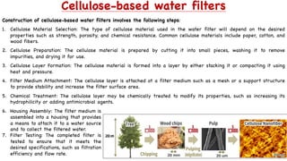Cellulose-based water filters
Construction of cellulose-based water filters involves the following steps:
1. Cellulose Material Selection: The type of cellulose material used in the water filter will depend on the desired
properties such as strength, porosity, and chemical resistance. Common cellulose materials include paper, cotton, and
wood fibers.
2. Cellulose Preparation: The cellulose material is prepared by cutting it into small pieces, washing it to remove
impurities, and drying it for use.
3. Cellulose Layer Formation: The cellulose material is formed into a layer by either stacking it or compacting it using
heat and pressure.
4. Filter Medium Attachment: The cellulose layer is attached ot a filter medium such as a mesh or a support structure
to provide stability and increase the filter surface area.
5. Chemical Treatment: The cellulose layer may be chemically treated to modify its properties, such as increasing its
hydrophilicity or adding antimicrobial agents.
6. Housing Assembly: The filter medium is
assembled into a housing that provides
a means to attach it to a water source
and to collect the filtered water.
7. Filter Testing: The completed filter is
tested to ensure that it meets the
desired specifications, such as filtration
efficiency and flow rate.
 