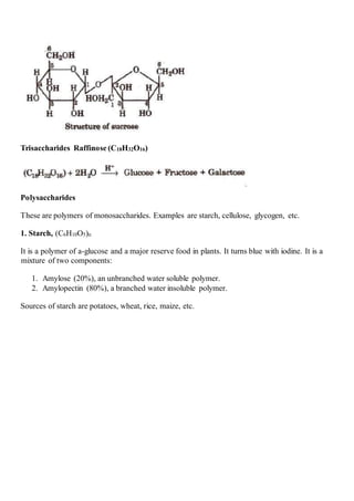 Trisaccharides Raffinose (C18H32O16)
Polysaccharides
These are polymers of monosaccharides. Examples are starch, cellulose, glycogen, etc.
1. Starch, (C6H10O5)n
It is a polymer of a-glucose and a major reserve food in plants. It turns blue with iodine. It is a
mixture of two components:
1. Amylose (20%), an unbranched water soluble polymer.
2. Amylopectin (80%), a branched water insoluble polymer.
Sources of starch are potatoes, wheat, rice, maize, etc.
 