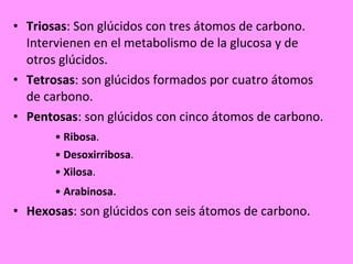<ul><li>Triosas : Son glúcidos con tres átomos de carbono. Intervienen en el metabolismo de la glucosa y de otros glúcidos...