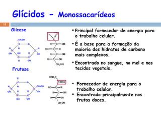 Glícidos -  Monossacarídeos Principal fornecedor de energia para o trabalho celular. É a base para a formação da maioria dos hidratos de carbono mais complexos. Encontrado no sangue, no mel e nos tecidos vegetais.   Frutose Fornecedor de energia para o trabalho celular. Encontrado principalmente nos frutos doces. Glicose 