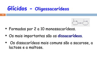 Glícidos -  Oligossacarídeos Formados por 2 a 10 monossacarídeos.   Os mais importantes são os  dissacarídeos .   Os dissacarídeos mais comuns são a sacarose, a lactose e a maltose. 