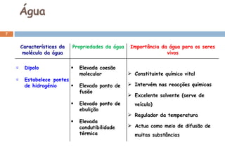 Água Características da molécula da água Propriedades da água Importância da água para os seres vivos Dipolo Estabelece pontes de hidrogénio Elevada coesão molecular Elevado ponto de fusão Elevado ponto de ebulição Elevada condutibilidade térmica Constituinte químico vital Intervém nas reacções químicas Excelente solvente (serve de veículo) Regulador da temperatura Actua como meio de difusão de muitas substâncias 
