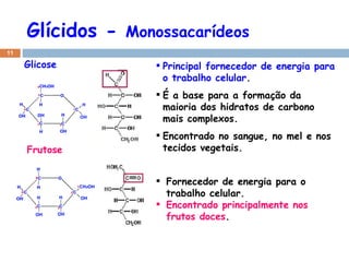 Glícidos -  Monossacarídeos Principal fornecedor de energia para o trabalho celular . É a base para a formação da maioria dos hidratos de carbono mais complexos. Encontrado no sangue, no mel e nos tecidos vegetais.   Frutose Fornecedor de energia para o trabalho celular. Encontrado principalmente nos frutos doces . Glicose 