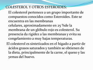 COLESTEROL Y OTROS ESTEROIDES:   El colesterol pertenece a un grupo importante de compuestos conocidos como Esteroides. Este se encuentra en las membranas celulares, aproximadamente en 25 %de la membrana de un glóbulo rojo es colesterol. Su presencia da rigidez a las membranas y evita su congelamiento a muy bajas temperaturas. El colesterol es sintetizados en el hígado a partir de ácidos grasos saturados y también se obtienen de la dieta, principalmente de la carne, el queso y las yemas del huevo. 