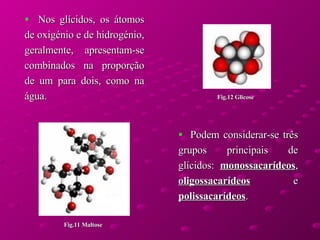 Nos glícidos, os átomos de oxigénio e de hidrogénio, geralmente, apresentam-se combinados na proporção de um para dois, como na água. Podem considerar-se três grupos principais de glícidos:  monossacarídeos ,  oligossacarídeos  e  polissacarídeos . Fig.11 Maltose Fig.12 Glicose 